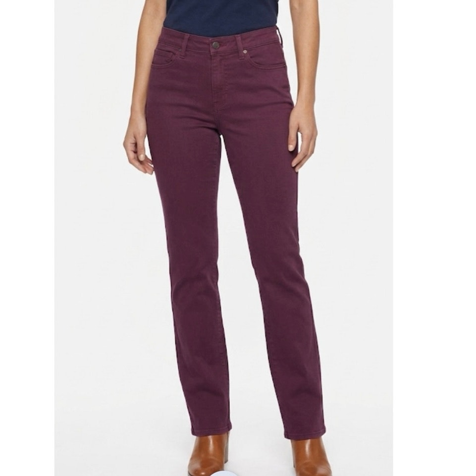 Nydj Marilyn Straight Leg Jeans Burgundy Maroon Stretch Lift Tuck Nwt Size 16